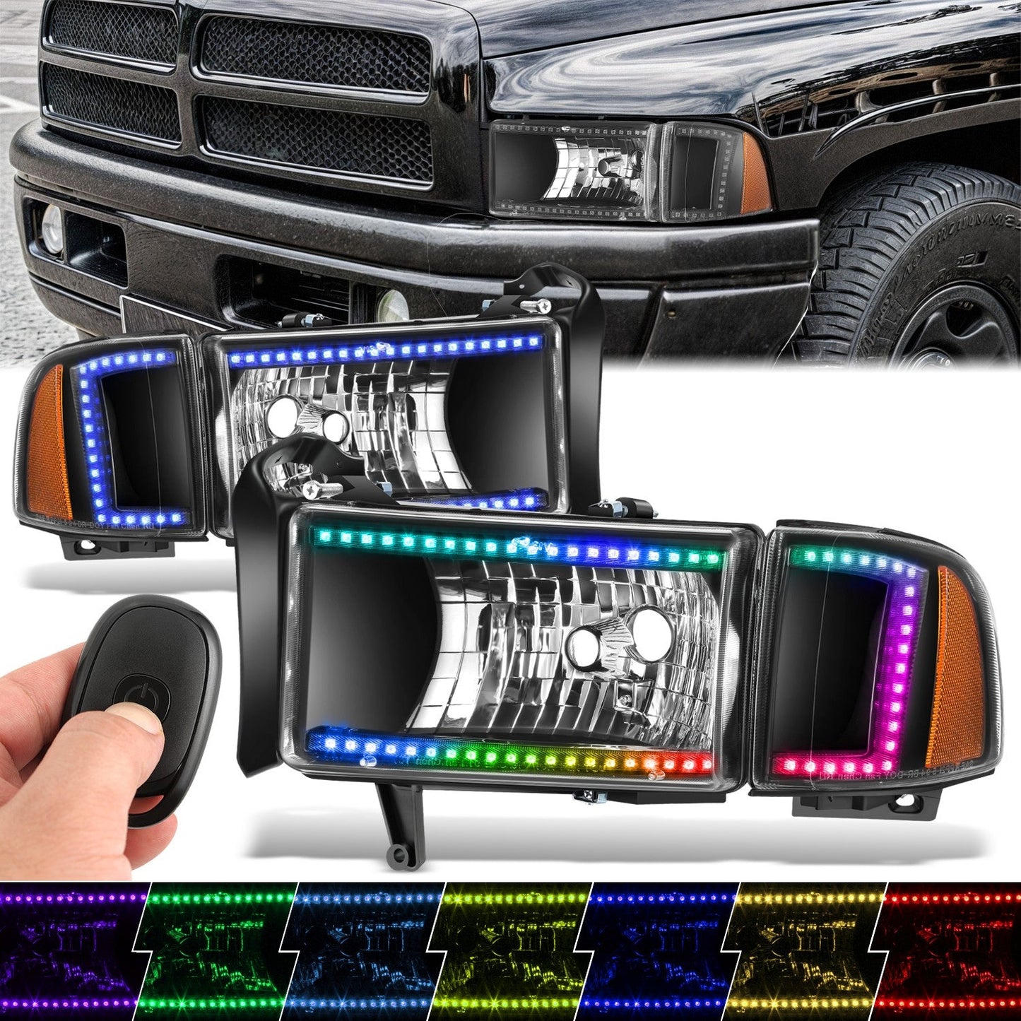 RGB LED DRL Sequential Projector Headlights <br> 94-01 Dodge Ram 1500, 94-02 2500 3500