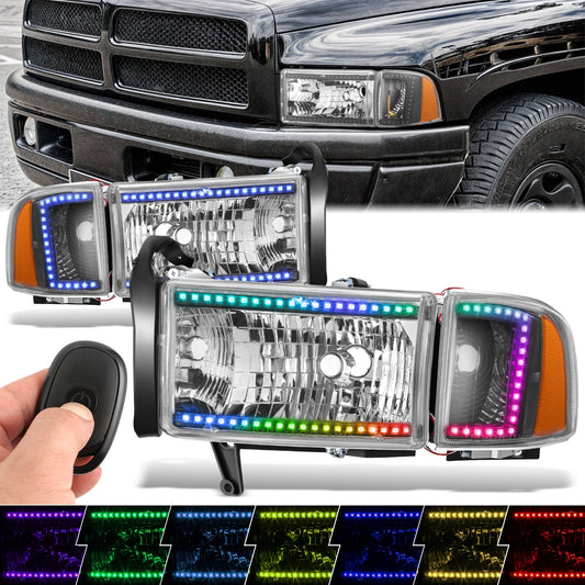 RGB LED DRL Sequential Projector Headlights <br> 94-01 Dodge Ram 1500, 94-02 2500 3500