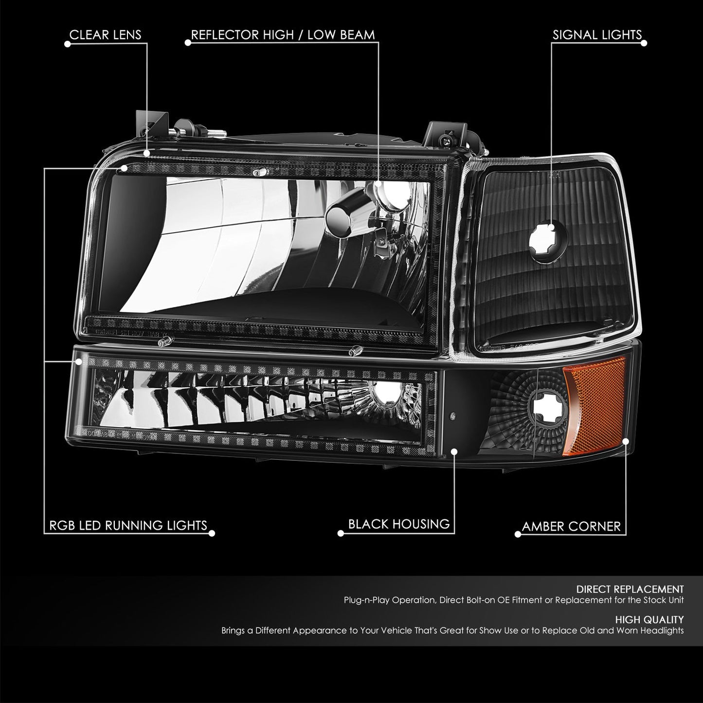 RGB LED DRL Sequential Signal Headlights <BR>92-96 Ford F-150, F-250, F-350, Bronco