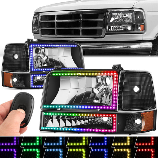 RGB LED DRL Sequential Signal Headlights <BR>92-96 Ford F-150, F-250, F-350, Bronco