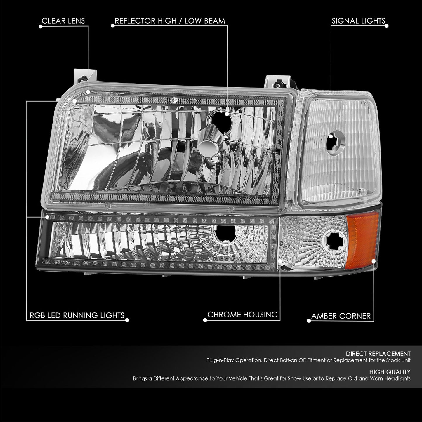 RGB LED DRL Sequential Signal Headlights <BR>92-96 Ford F-150, F-250, F-350, Bronco