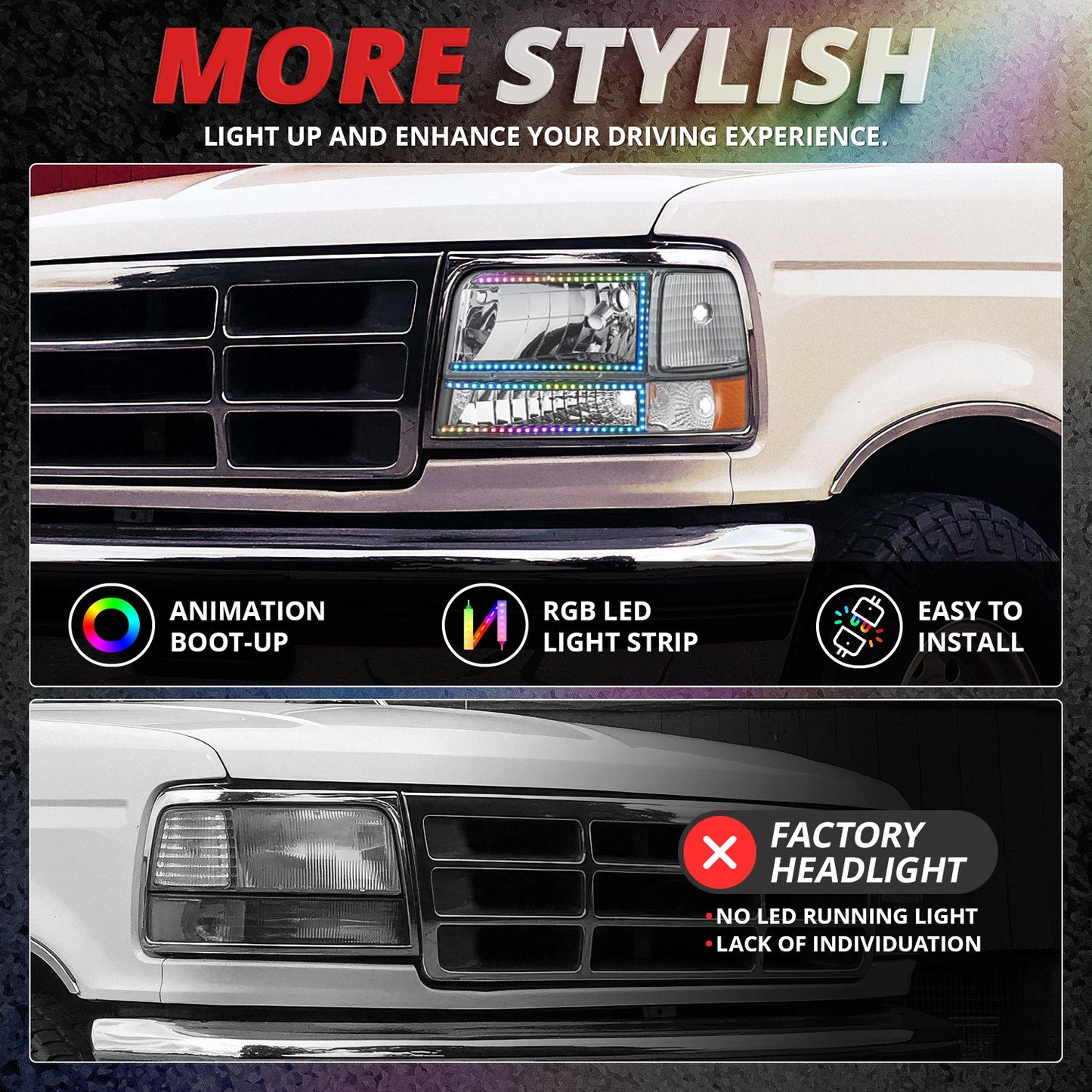 RGB LED DRL Sequential Signal Headlights <BR>92-96 Ford F-150, F-250, F-350, Bronco