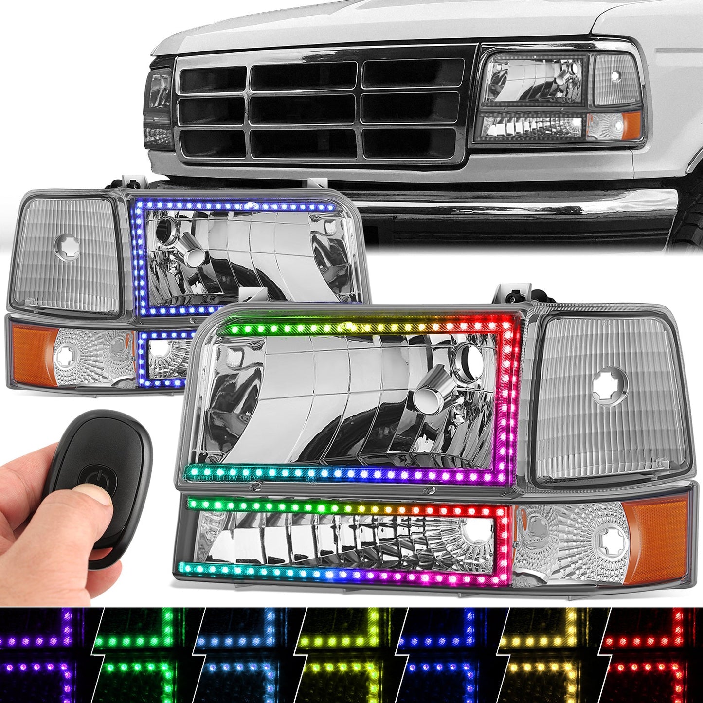 RGB LED DRL Sequential Signal Headlights <BR>92-96 Ford F-150, F-250, F-350, Bronco