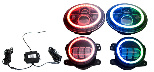 RGB LED Headlights Foglights Combo Kit <br> 97-17 Jeep Wrangler