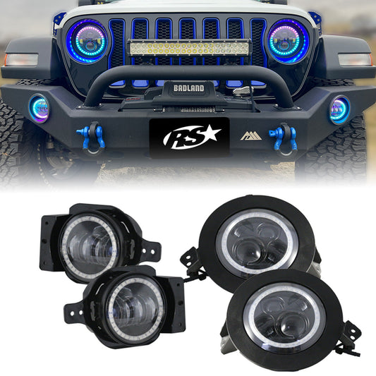 RGB LED Headlights Foglights Combo Kit <br> 18-24 Jeep Wrangler JL JT